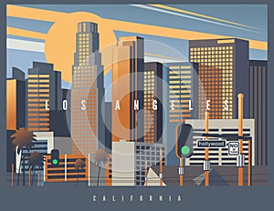 Cityscape of Los Angeles during the golden hour, vector illustration. Stylized skyline LA, California, USA