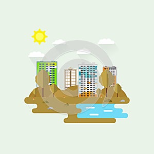 Cityscape with a lot of sky scrapers in autumn in the park area. Vector illustration in modern flat style. Buildings and business