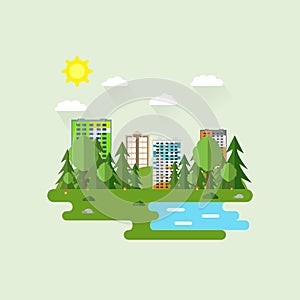 Cityscape with a lot of sky scrapers in summer in the park area. Vector illustration in modern flat style. Buildings and business