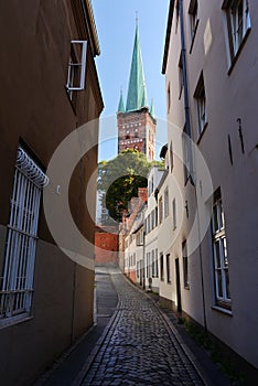 Cityscape of Lubeck old city, Germany. St. Petri Church
