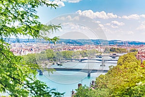 Cityscape of Lyon with bridges across the Rhone