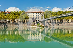 Cityscape of Lyon, France with reflections in the water