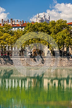 Cityscape of Lyon, France with reflections in the water