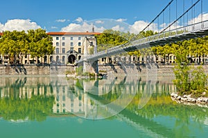 Cityscape of Lyon, France with reflections in the water