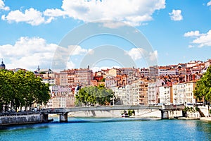 Cityscape of Lyon with La Feuillce bridge, France