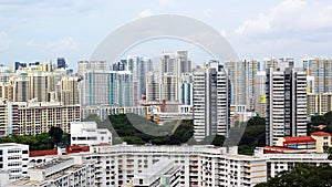 Cityscape of Many modern tall skyscraper condominiums, apartments, with houses in foreground. Buildings, Singapore, city area