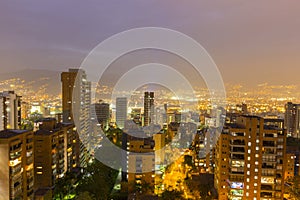 Cityscape of Medellin at night, Colombia