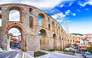 Cityscape with medieval aqueduct Kamares in the Kavala city, Macedonia.