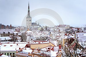 Cityscape with Medieval Old Town, St. Olaf Baptist Church, Tallinn, Estonia. Beatiful winter view of Tall