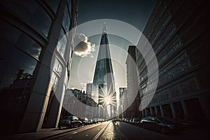 Cityscape of Modern London scene. Cinematic digital art Illustration background. Ai generated art