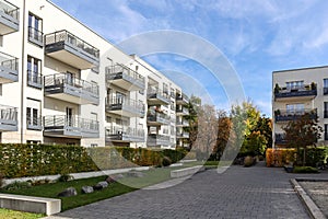 Cityscape with modern residential area, new apartment buildings and green courtyard with pedestrian walkway and trees in autumn