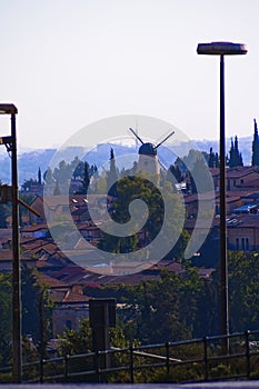 Cityscape of Montefiore windmill from Jaffa gate in the old city of Jerusalem Israel