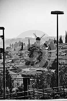 Cityscape of Montefiore windmill from Jaffa gate in the old city of Jerusalem Israel