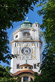 Cityscape of Muellersches Volksbad on Isar river bank in Munich photo