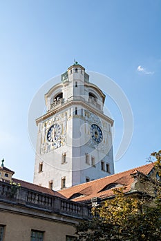 Cityscape of Muellersches Volksbad on Isar river bank in Munich photo