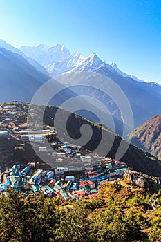 Cityscape of Namche Bazaar town at sunrise in Nepal