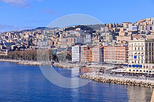 Cityscape of Naples waterfront from The Castel dell`Ovo in Italy.