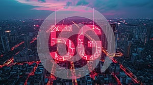 Cityscape with neon 5G sign towering above at twilight.