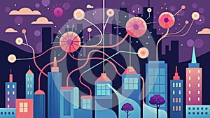 A cityscape of neurons with busy pathways and bustling activity reflecting the increased connectivity and firing of
