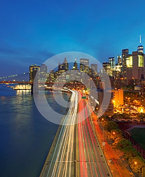 Cityscape of New York City at dusk, USA