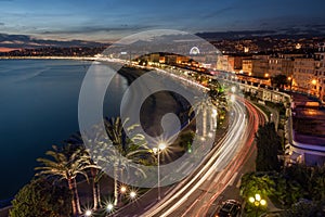 Cityscape of Nice in the French Riviera at dusk, France.