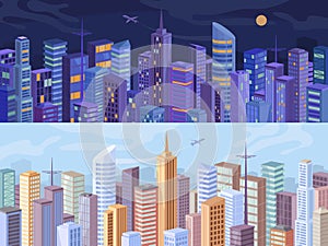 Cityscape at night and day, aerial view cartoon