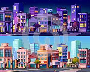 Cityscape at night and daytime, towns set vector