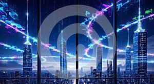 Cityscape at night with digital data visualization