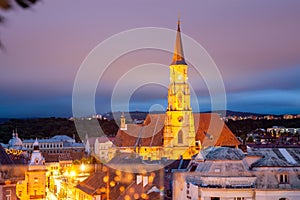 cityscape at night - top view of Saint Michael church Cluj-Napoca, Romania