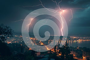 Cityscape at night with two lightning strikes creating dramatic scenery