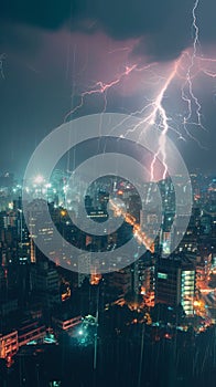 Cityscape at night with two lightning strikes creating dramatic scenery