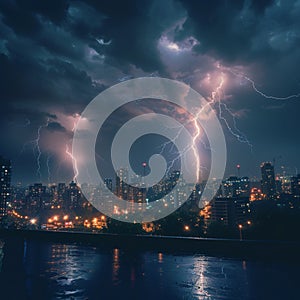 Cityscape at night with two lightning strikes creating dramatic scenery