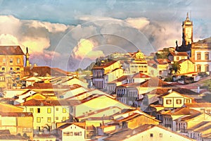 Cityscape of old town colorful painting, Ouro Preto, Minas Gerais state, Brazil.