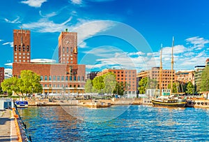 Cityscape of Oslo with the City Hall and the harbour, Norway