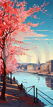 Vintage Poster Design: Romantic Riverscapes With Cherry Blossoms photo