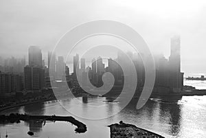 Cityscape of Panama city in a cloudy and foggy day. In Black and white