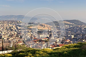 Cityscape panorama of Nazareth with Basilica Church of the Annunciation, Israel