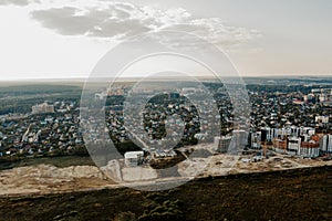 Cityscape. Panoramic view from above, drone shot of a city and building constructions.