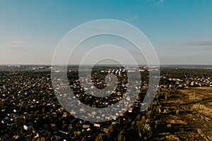 Cityscape. Panoramic view from above, drone shot of a city and building constructions.