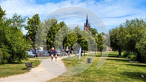 Cityscape with paths and meadows in the city of Werder an der Havel, Germany photo