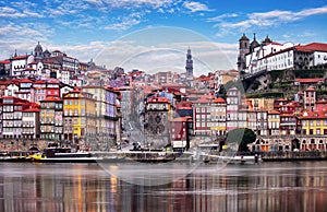 Cityscape of Porto Oporto old town, Portugal. Valley of the Douro River. Panorama of the famous Portuguese city