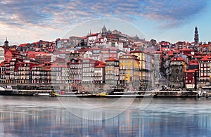 Cityscape of Porto Oporto old town, Portugal. Valley of the Douro River. Panorama of the famous Portuguese city