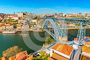 Cityscape of Porto. View of the Dom Luis I Bridge Ponte de Dom LuÃ­s I and the River Douro. View from Vila Nova De Gaia, Portugal