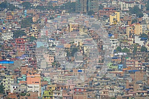 Cityscape of poverty stricken streets and decaying buildings of Kathmandu.