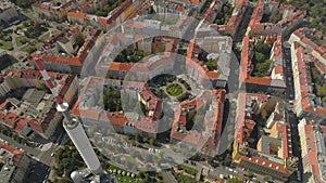 Cityscape of Prague, Flight over the city. Aerial View of the Prague city Panoramic view from above.