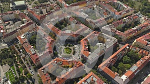 Cityscape of Prague, Flight over the city. Aerial View of the Prague city Panoramic view from above.