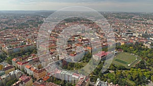 Cityscape of Prague, Flight over the city. Aerial View of the Prague city Panoramic view from above.