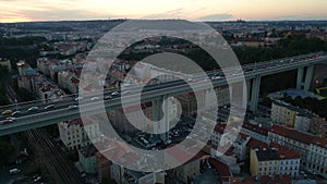 Cityscape of Prague with the view of a tall bridge over the streets, 4k