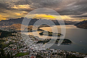 Cityscape of Queenstown and Lake Wakaitipu with The Remarkables in the background, New Zealan