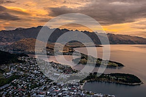 Cityscape of Queenstown and Lake Wakaitipu with The Remarkables in the background, New Zealan